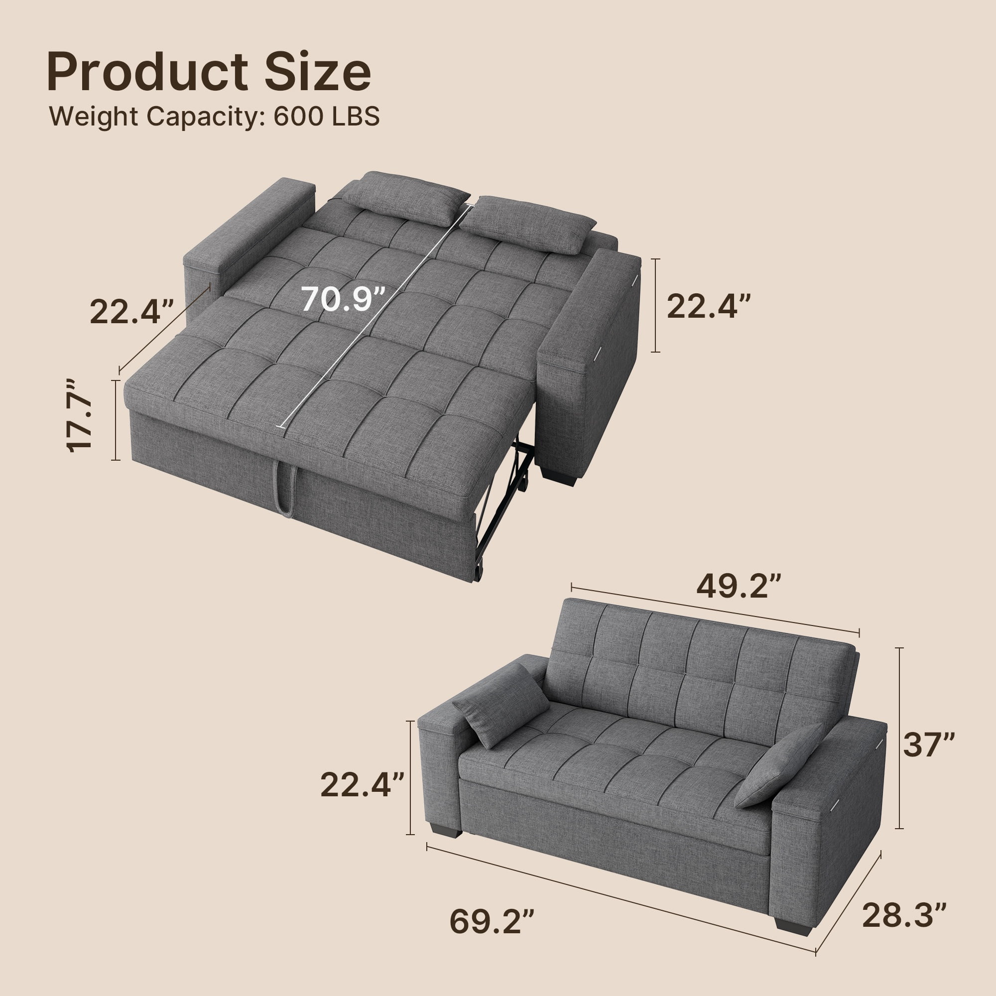 Lofka Futon Sofa Bed, Convertible Loveseat Recliner Sleeper with Adjustable Backrest & Wide Storage Side Pocket