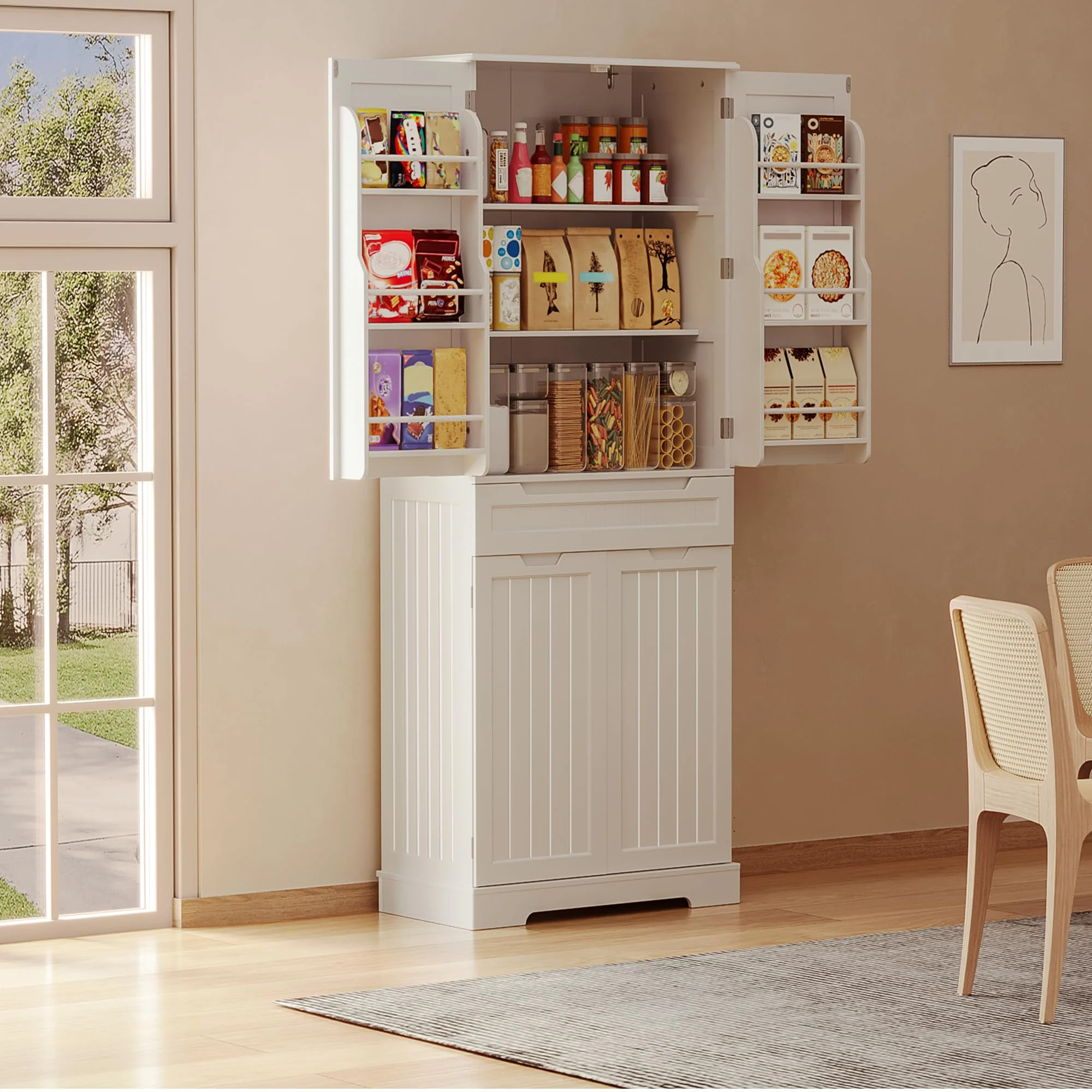 Lofka 71" Kitchen Storage Cabinet with Adjustable Shelves & Anti-Tip Design, 4 Doors, 12 Shelves, 1 Drawer