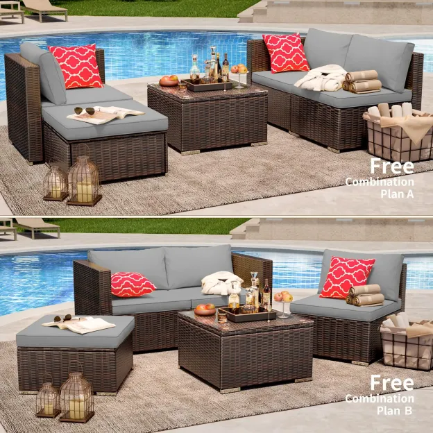 Lofka 5 Piece Outdoor Sectional Furniture Chair Set with Cushions and Tea Table