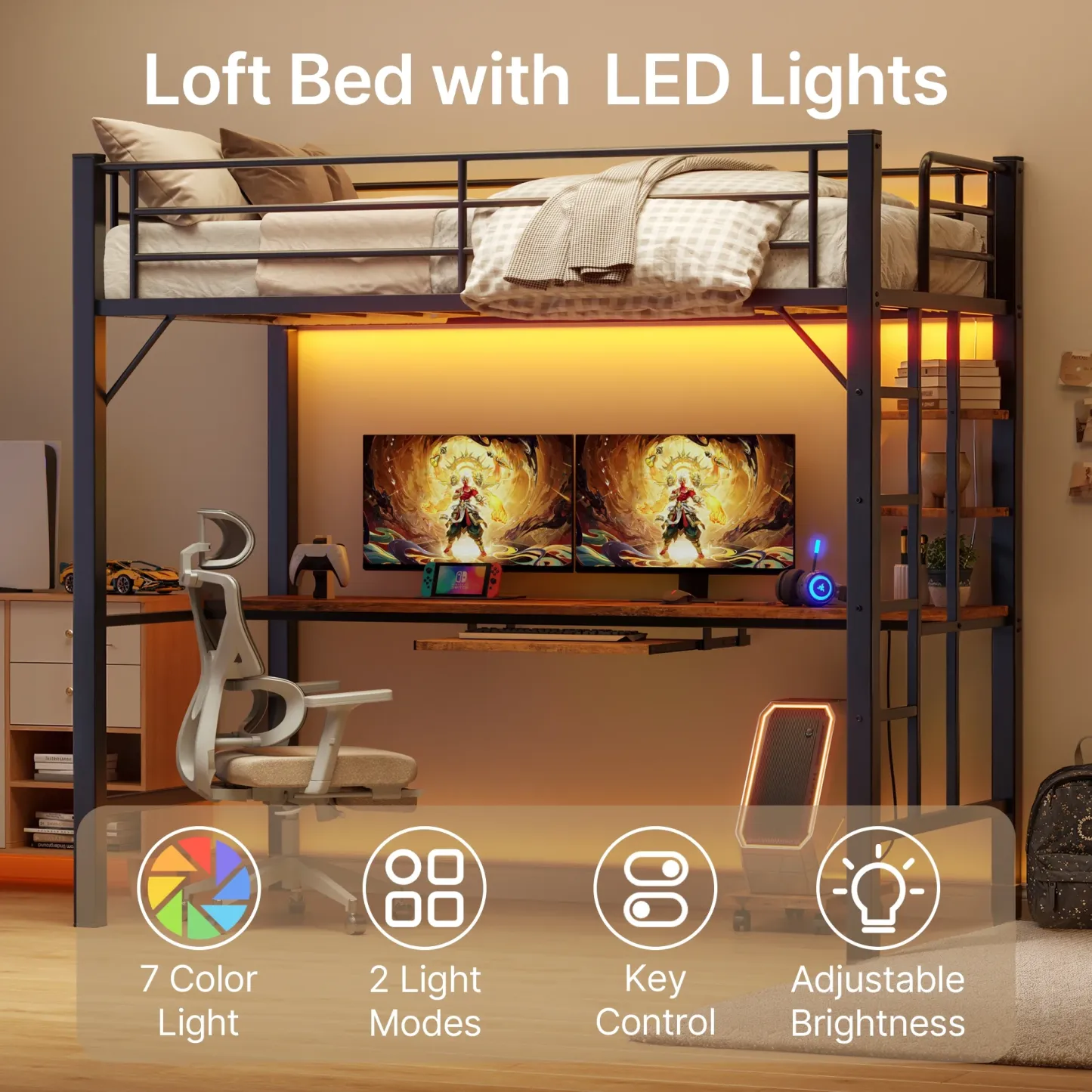 Lofka Loft Bed Twin Size, Heavy Duty Metal Bed Frames with Desk, Charging Sation, LED Lights, Storage ShelvesSafety Guard and Ladder
