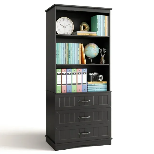 Lofka Bookcase with 3 Large Drawers, 3 Tier Storage bookshelf for Home Office, Living Room, Black
