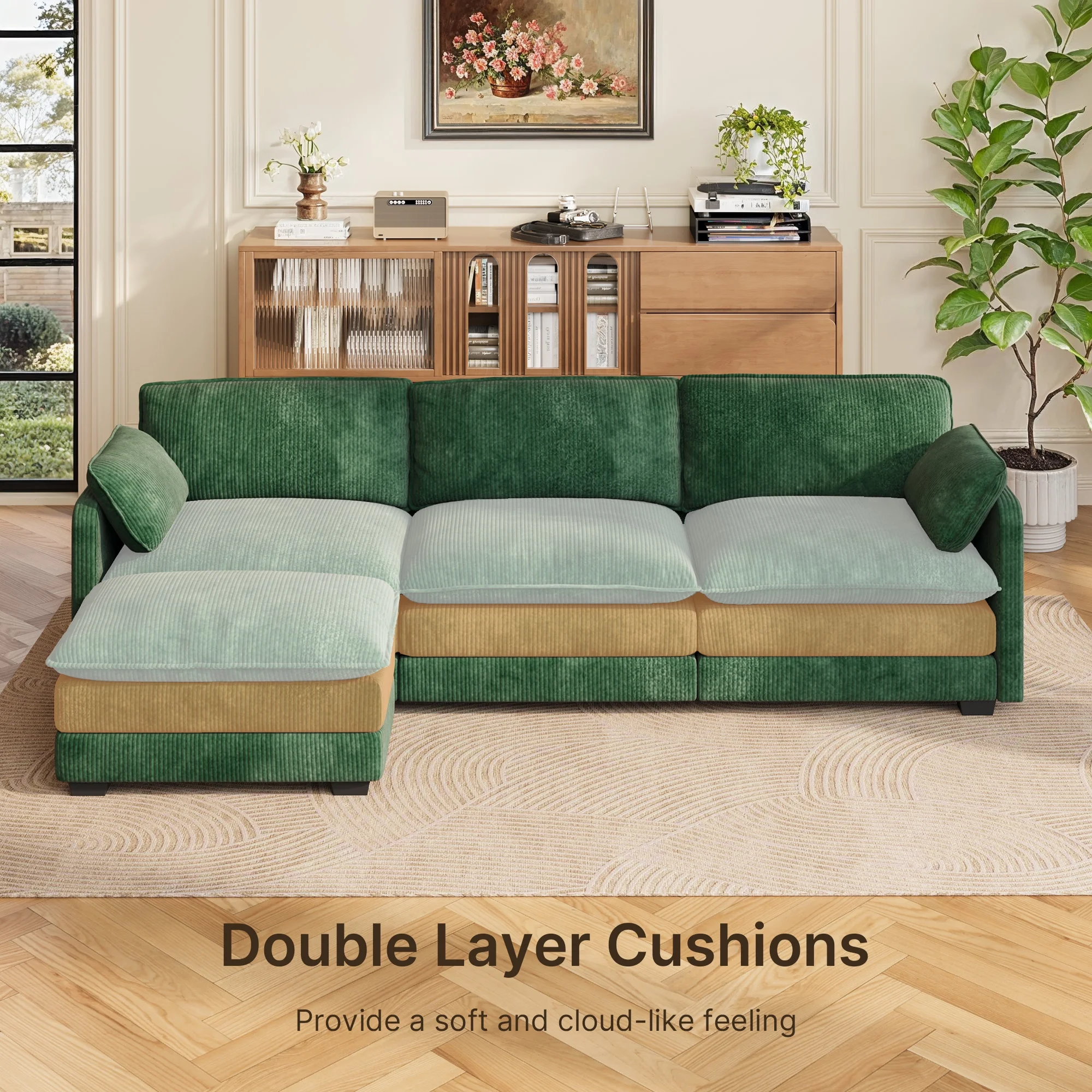 Lofka 110.2" L Shaped Cloud Sectional couch with Ottoman and Deep Seat