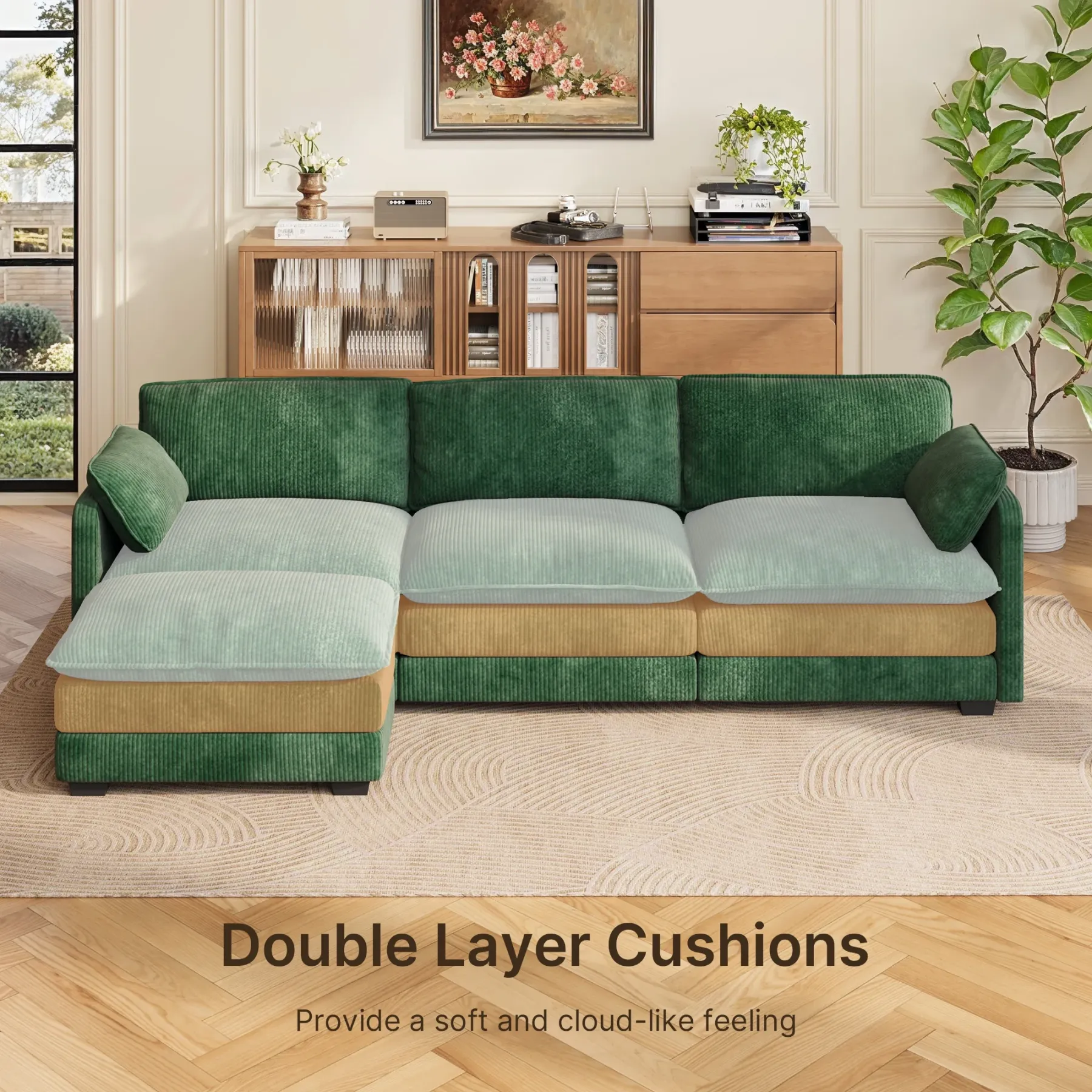 Lofka 110.2" L Shaped Cloud Sectional couch with Ottoman and Deep Seat