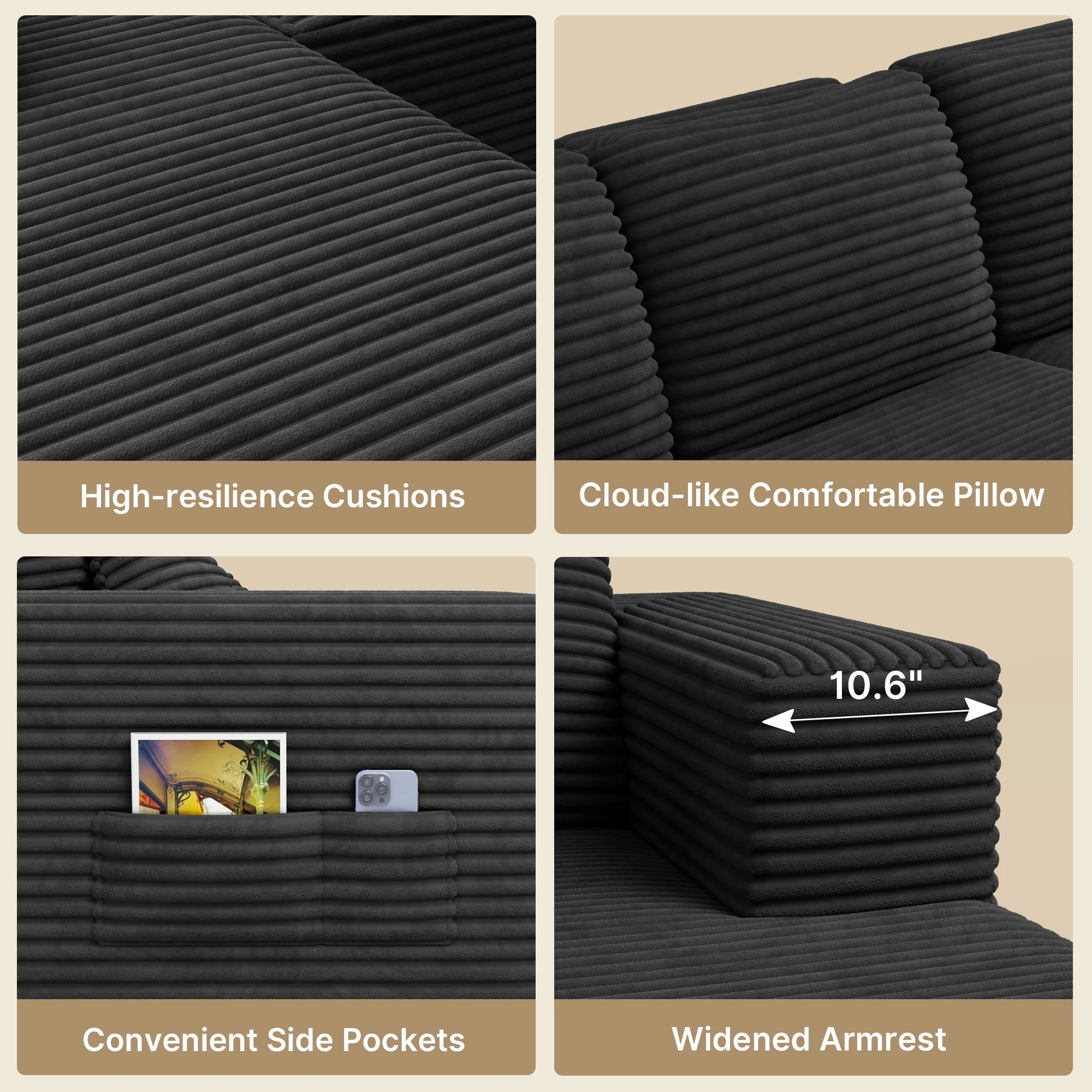 Lofka 105" Cloud Boneless Couch with L-Shape Chaise, No-Assembly Corduroy Couches for Living Room