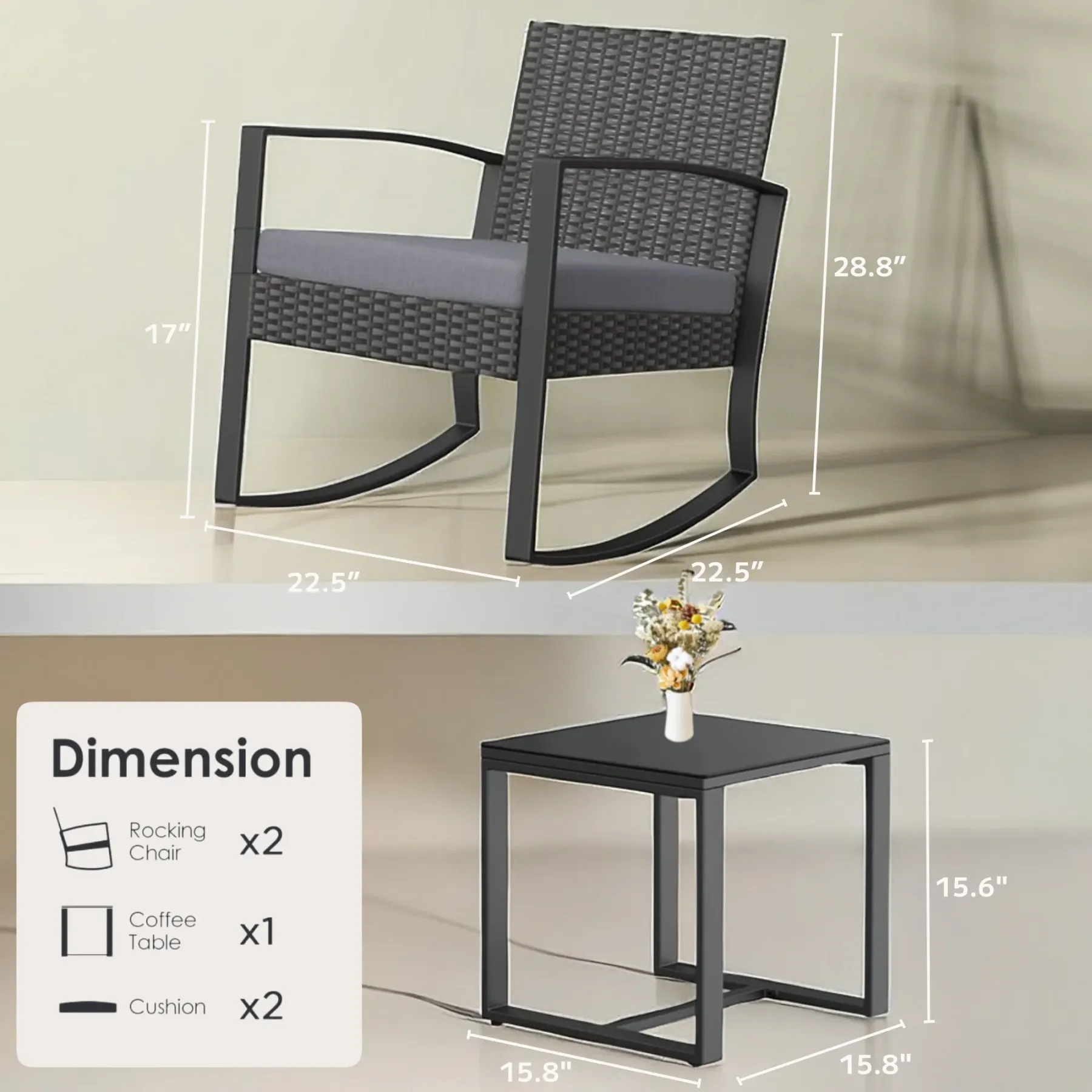 Lofka 3 Pieces Outdoor Rocking Chairs Set with Glass Coffee Table