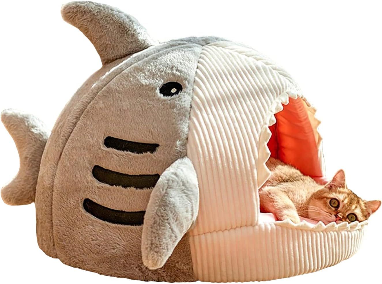 Cat Mat Shark-Shaped Kennel Kitten Bed Hideout House Warm Soft Comfortable Semi-Closed Cat Dog Nest Grey Small
