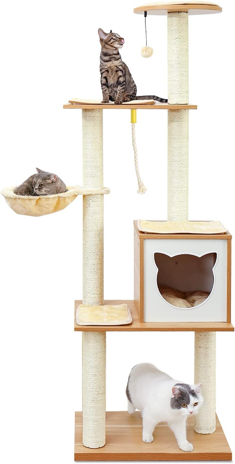 Modern Cat Tree Tower for Indoor Cats - 65" Tall Wood Condo with Hammock