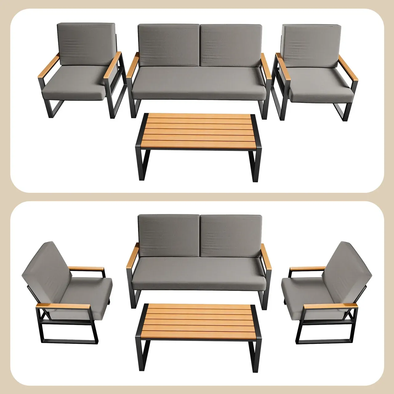 Lofka 4 Pieces Patio Set with Loveseat and 2 Chairs for Garden & Outdoor - Gray Porch Furniture Set