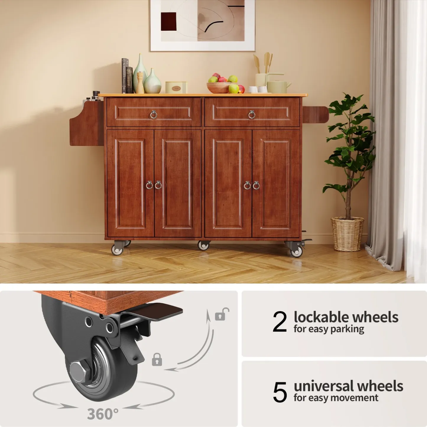 Lofka 52" Kitchen Islands Cart with Wood Drop Leaf and Lockable Wheels