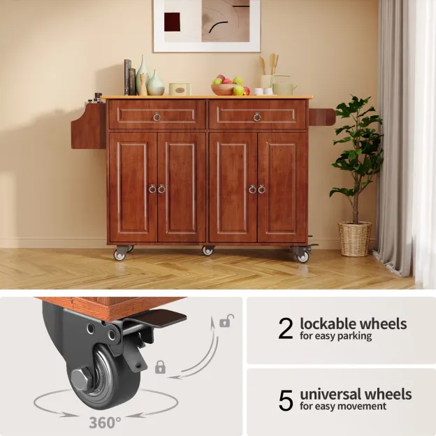 Lofka 52" Kitchen Islands Cart with Wood Drop Leaf and Lockable Wheels