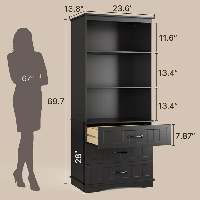 Lofka Bookcase with 3 Large Drawers, 3 Tier Storage bookshelf for Home Office, Living Room, Black