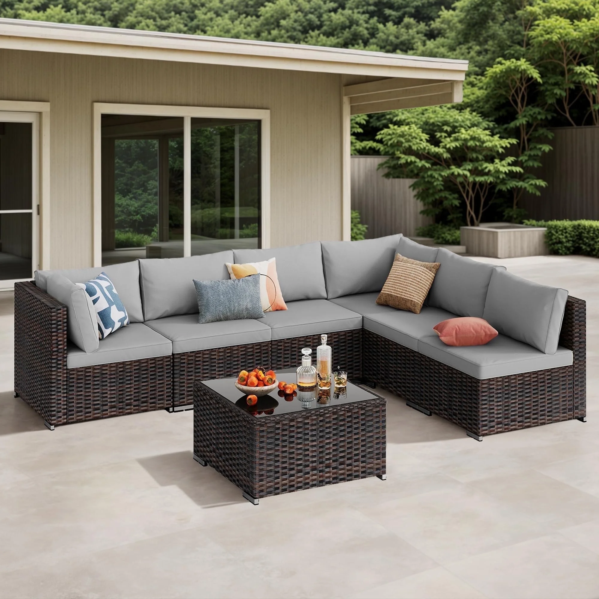 7-Piece Wicker Sectional Outdoor Sofa Set with Glass Table & Water-Resistant Cushions, All-Weather PE Rattan