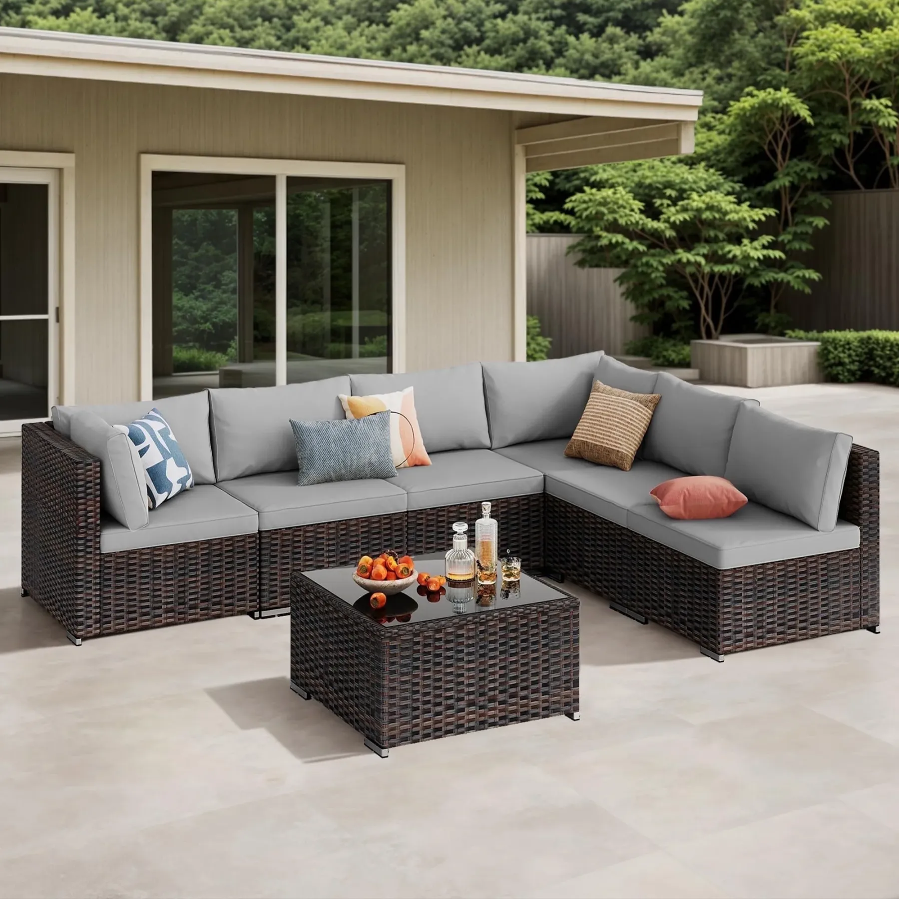 7-Piece Wicker Sectional Outdoor Sofa Set with Glass Table & Water-Resistant Cushions, All-Weather PE Rattan
