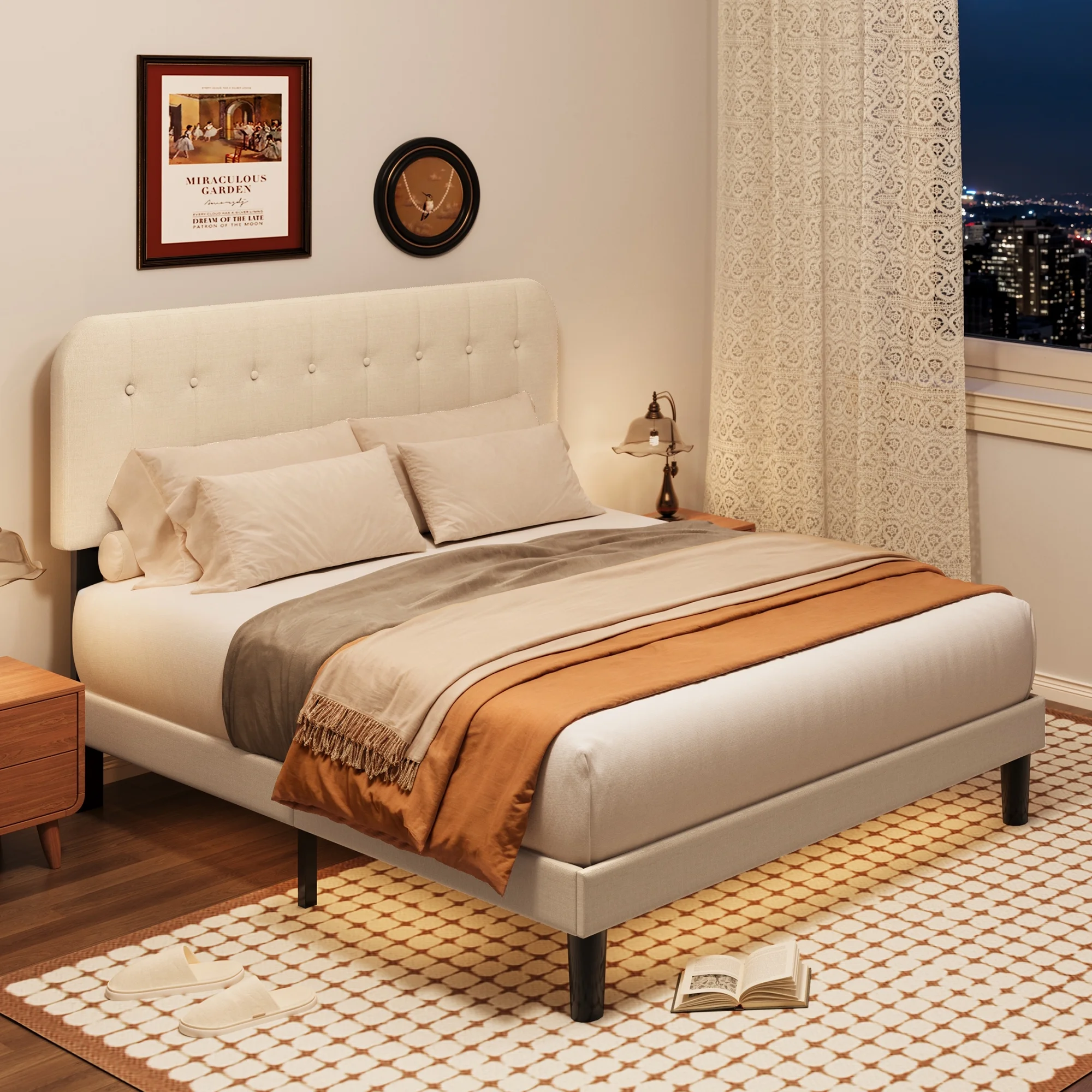 Lofka Queen Bed Frame with Upholstered Headboard - Beige Fabric, Modern Bedroom Furniture