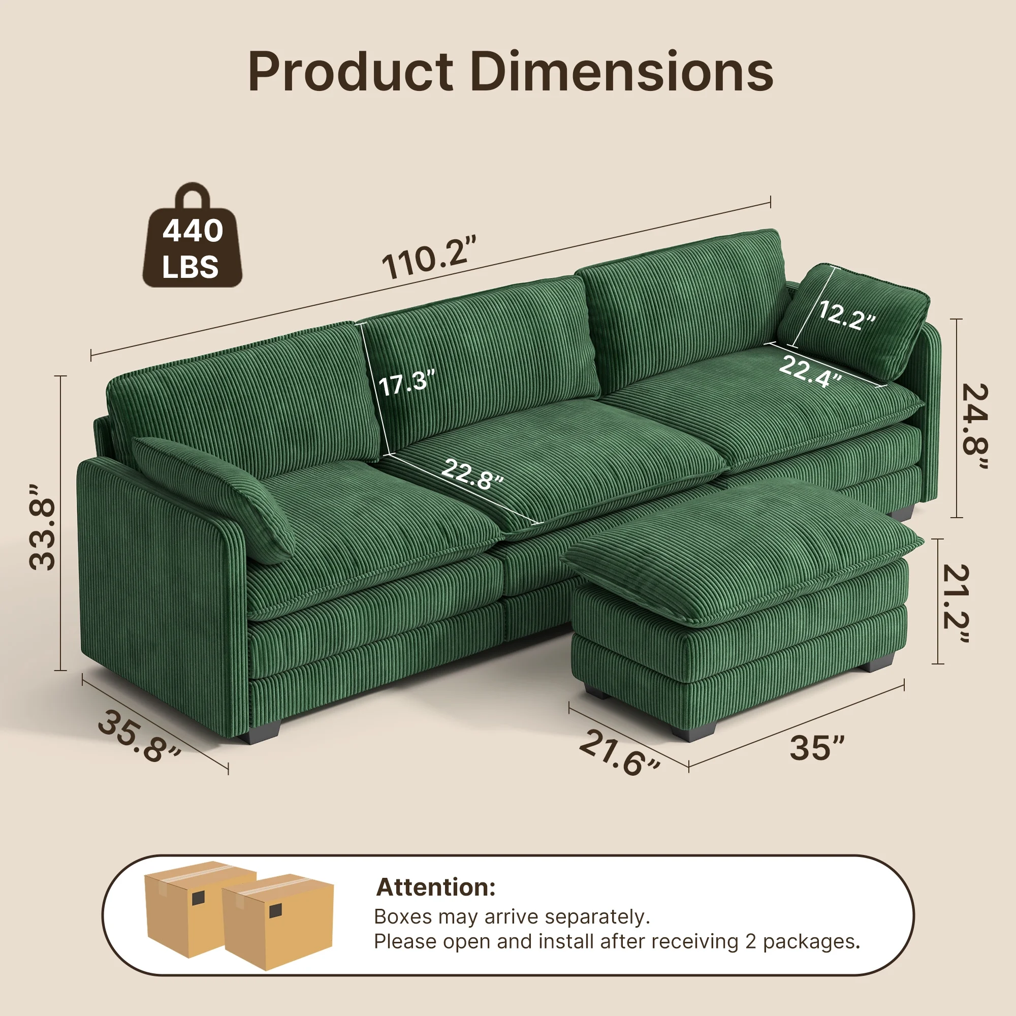 Lofka 110.2" L Shaped Cloud Sectional couch with Ottoman and Deep Seat