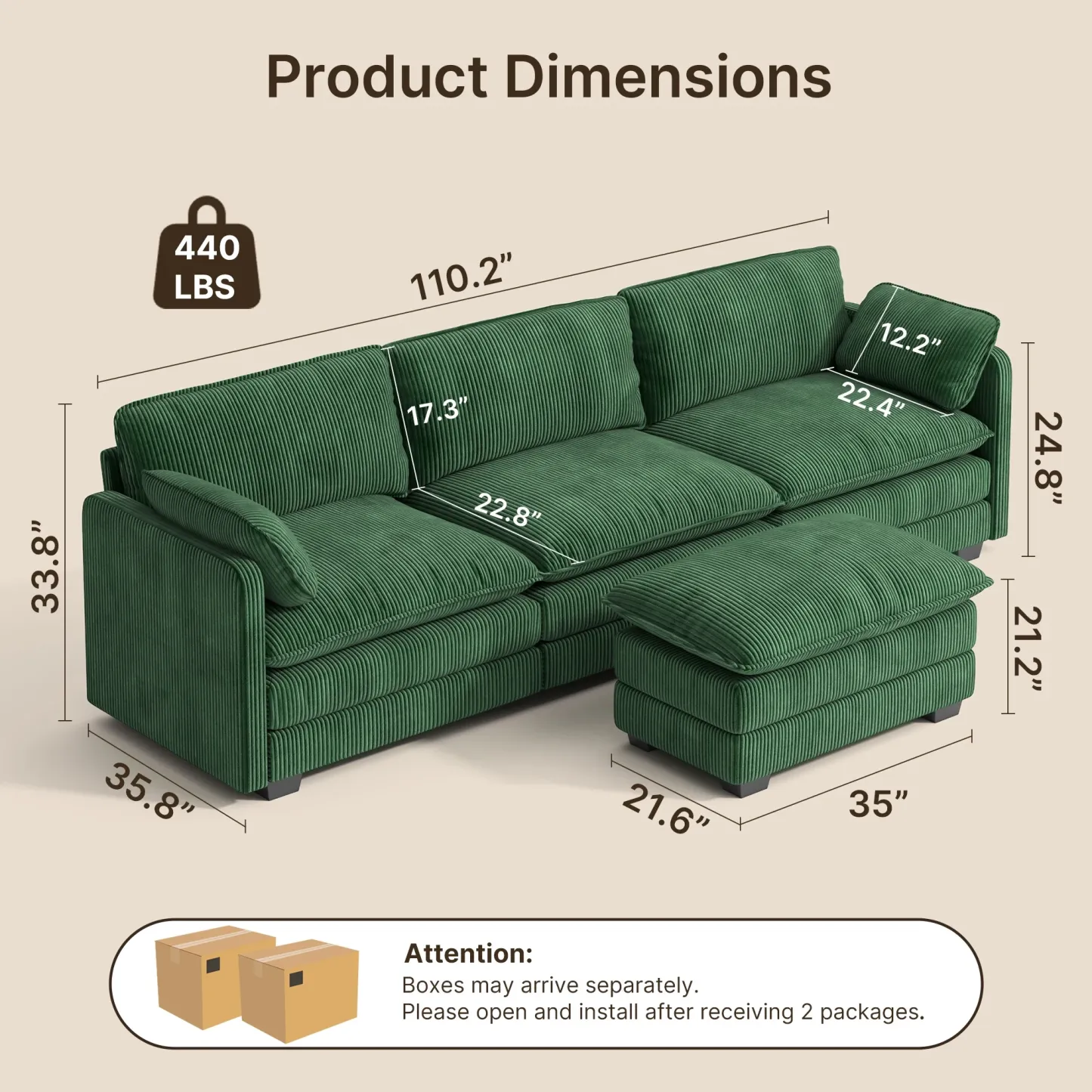 Lofka 110.2" L Shaped Cloud Sectional couch with Ottoman and Deep Seat