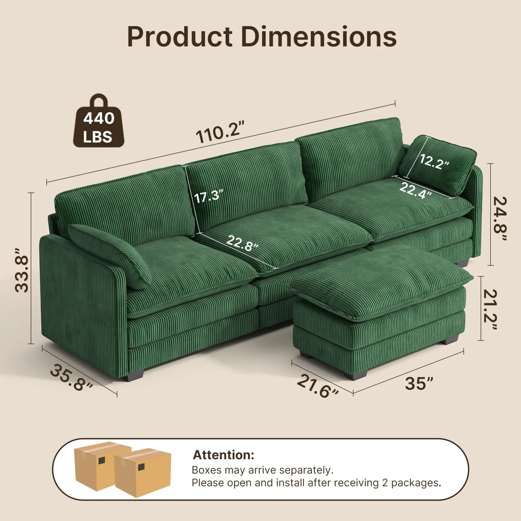 Lofka 110.2" L Shaped Cloud Sectional couch with Ottoman and Deep Seat