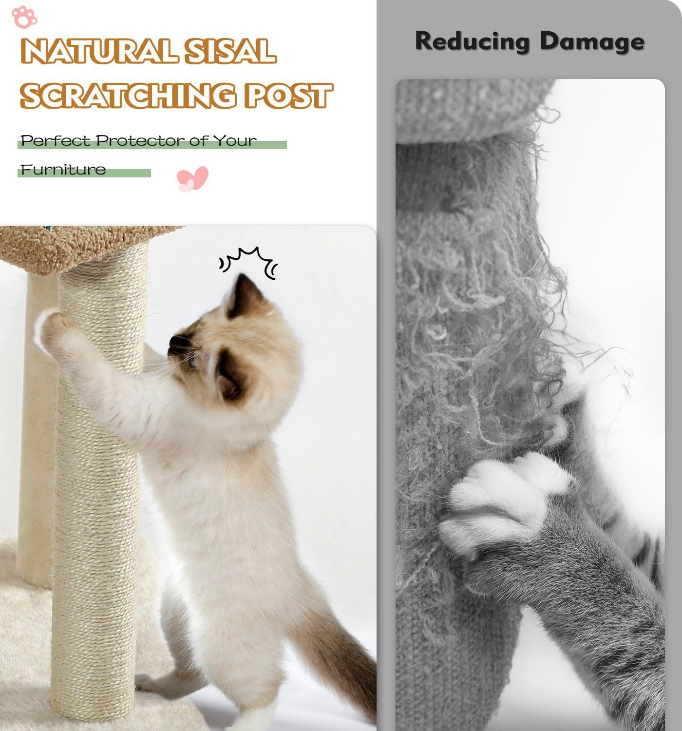 Carpet Cat Tower Grey for Indoors Cats, Cute Wood Kitty Condo with Scratching Post and Pad, 29" Multi-Level Modern Activity Climbing Furniture