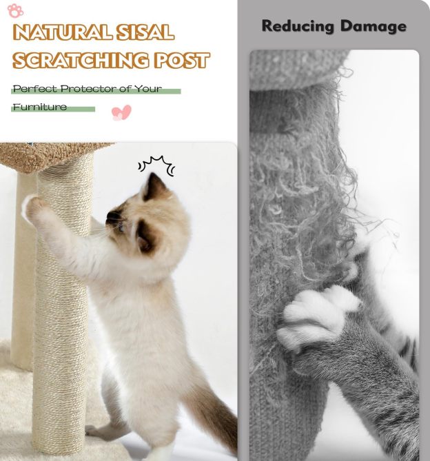 Carpet Cat Tower Grey for Indoors Cats, Cute Wood Kitty Condo with Scratching Post and Pad, 29" Multi-Level Modern Activity Climbing Furniture