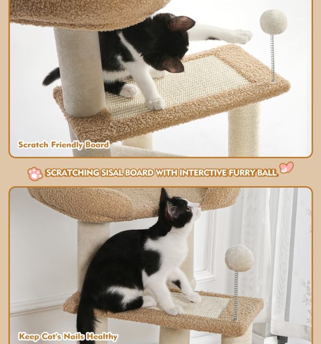 Carpet Cat Tower Grey for Indoors Cats, Cute Wood Kitty Condo with Scratching Post and Pad, 29" Multi-Level Modern Activity Climbing Furniture
