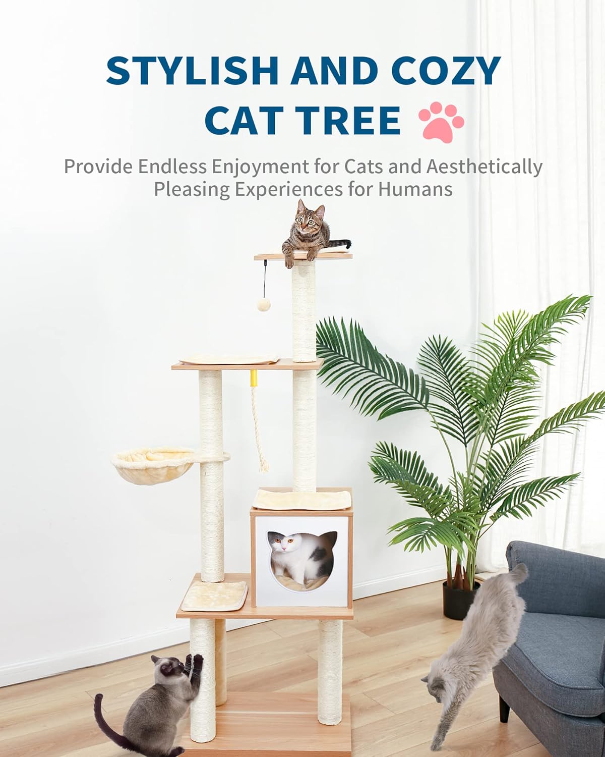 Modern Cat Tree Tower for Indoor Cats - 65" Tall Wood Condo with Hammock
