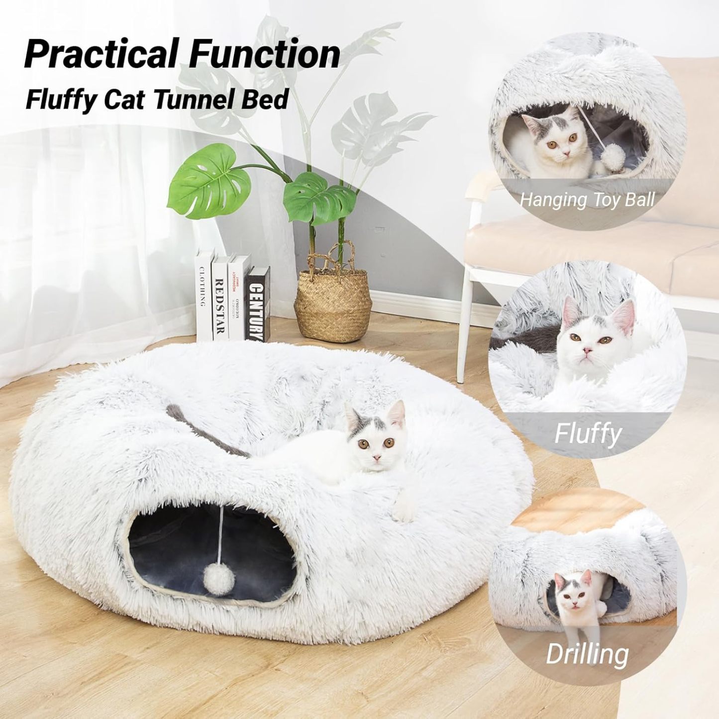 Warm Fluffy Plush Cat Dog Tunnel Bed with Washable Cushion-Big Tube Playground Toys 3 FT Diameter Longer Crinkle Collapsible 3 Way, for Indoor Cat Kitty Kitten Puppy Rabbit Ferret White