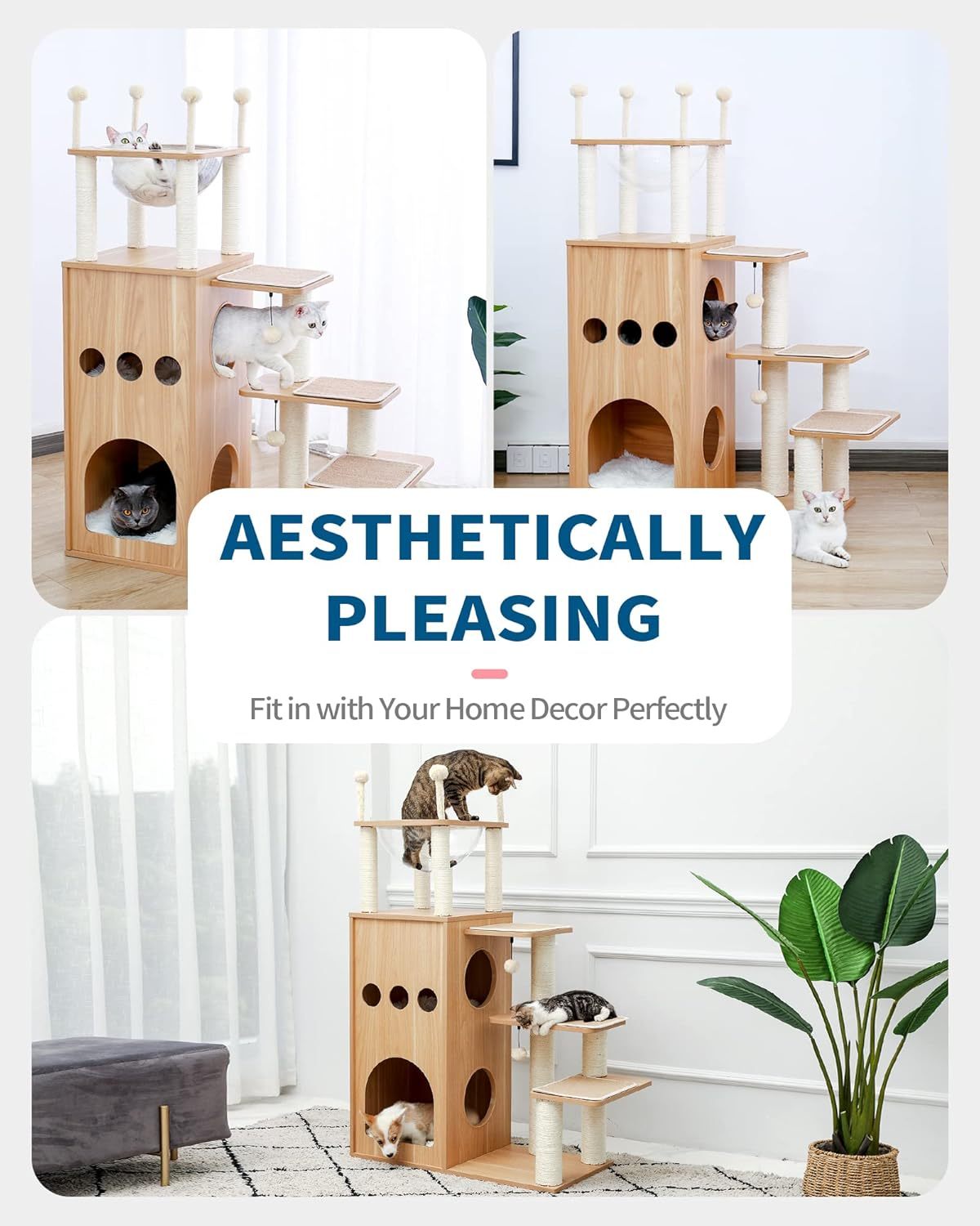 Modern Cat Tree for Large Cat, Wood Cat Tower Heavy Duty with Scratch Post for Indoor Big Cats, 51" Extra Tall Cat Condo