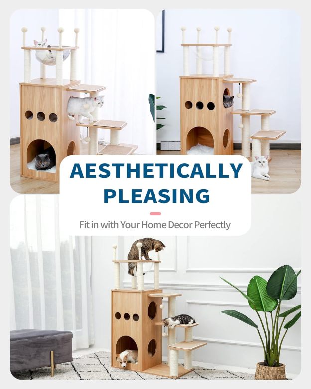 Modern Cat Tree for Large Cat, Wood Cat Tower Heavy Duty with Scratch Post for Indoor Big Cats, 51" Extra Tall Cat Condo