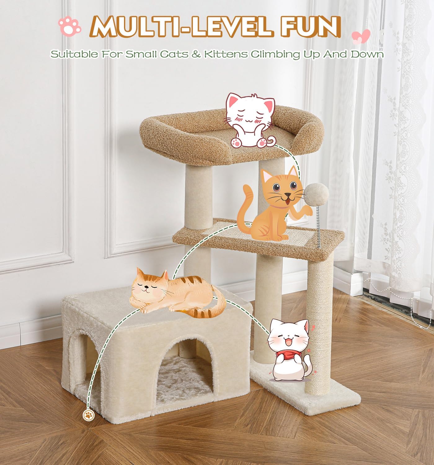 Carpet Cat Tower Grey for Indoors Cats, Cute Wood Kitty Condo with Scratching Post and Pad, 29" Multi-Level Modern Activity Climbing Furniture