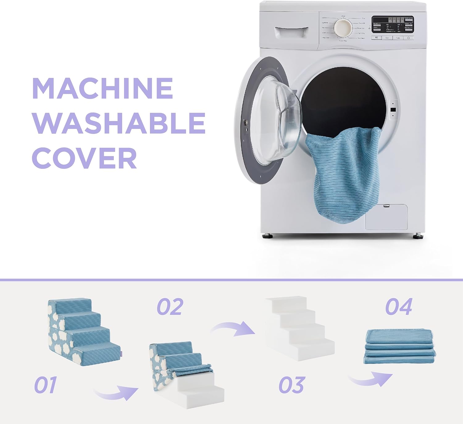 Dog Stairs for High Bed 22.5" H 5-Step Dog Steps for Couch Sofa and Chairs Foldable Foam Pet Stairs Jacquard Shaggy Plush for Small Dogs with Supporting Board and Non-Slip Bottom, Iris Purple