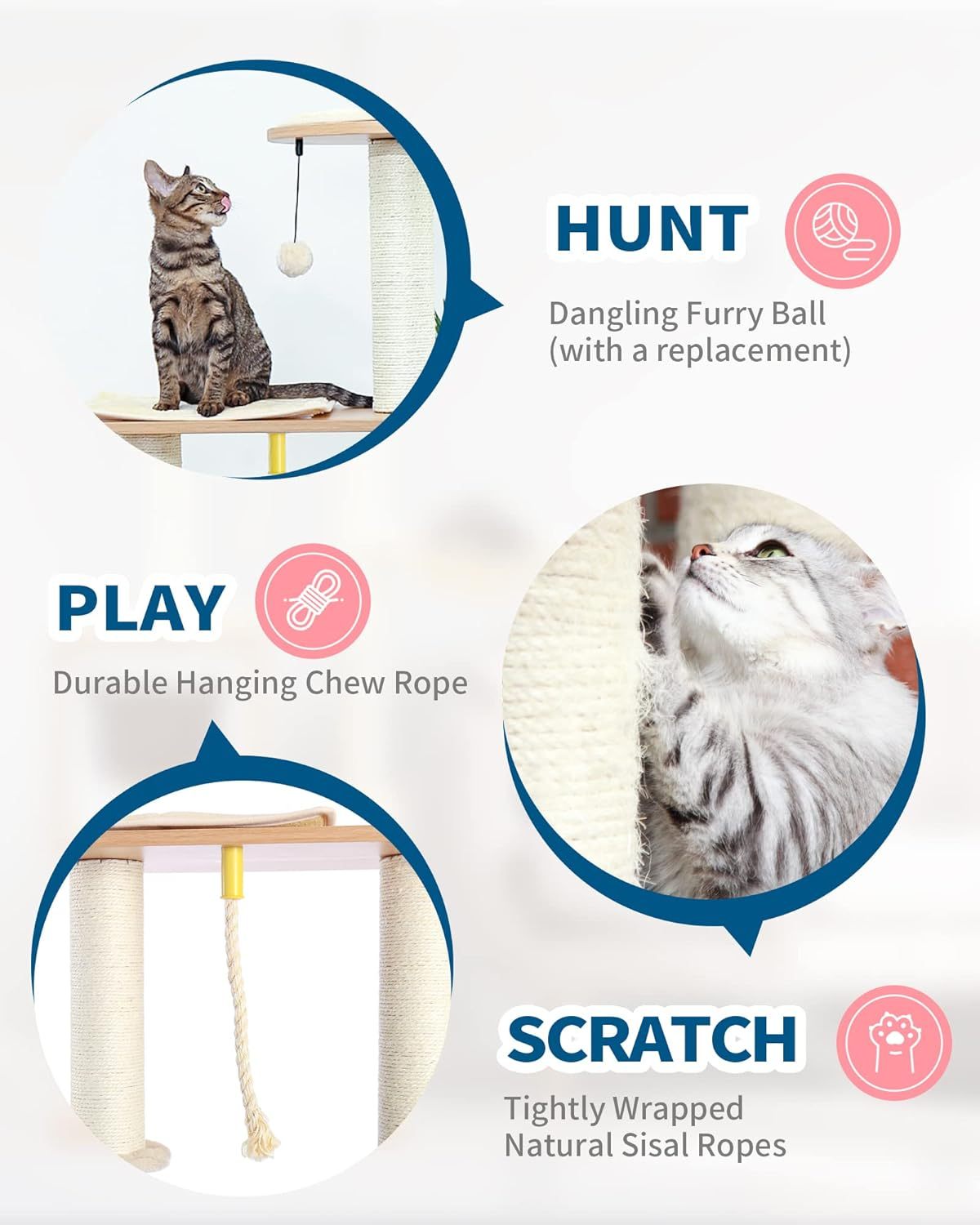 Modern Cat Tree Tower for Indoor Cats - 65" Tall Wood Condo with Hammock