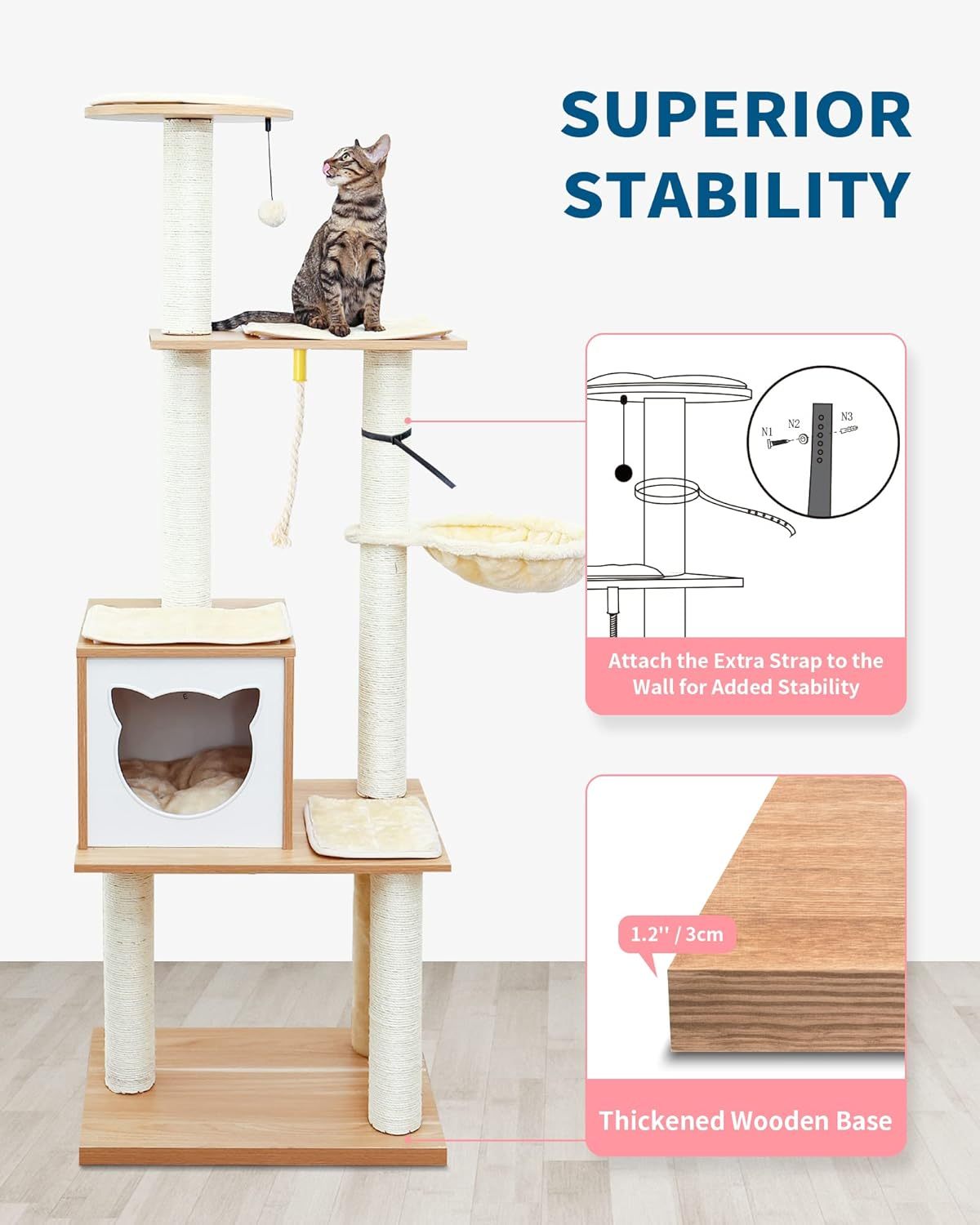 Modern Cat Tree Tower for Indoor Cats - 65" Tall Wood Condo with Hammock
