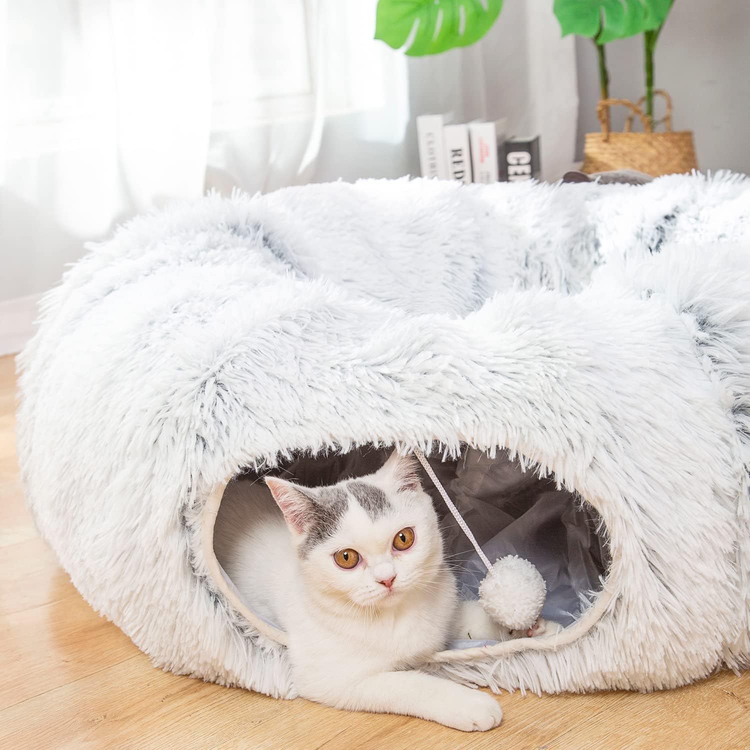 Warm Fluffy Plush Cat Dog Tunnel Bed with Washable Cushion-Big Tube Playground Toys 3 FT Diameter Longer Crinkle Collapsible 3 Way, for Indoor Cat Kitty Kitten Puppy Rabbit Ferret White