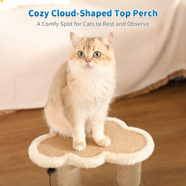 Cat Scratching Post, Cat Self Groomer for Indoor Cats, Cloud Soft Perch for Rest, 17.5" Tall Natural Sisal Scratcher Cat Grooming Interactive Ball Track Toys for Small Cats Kittens