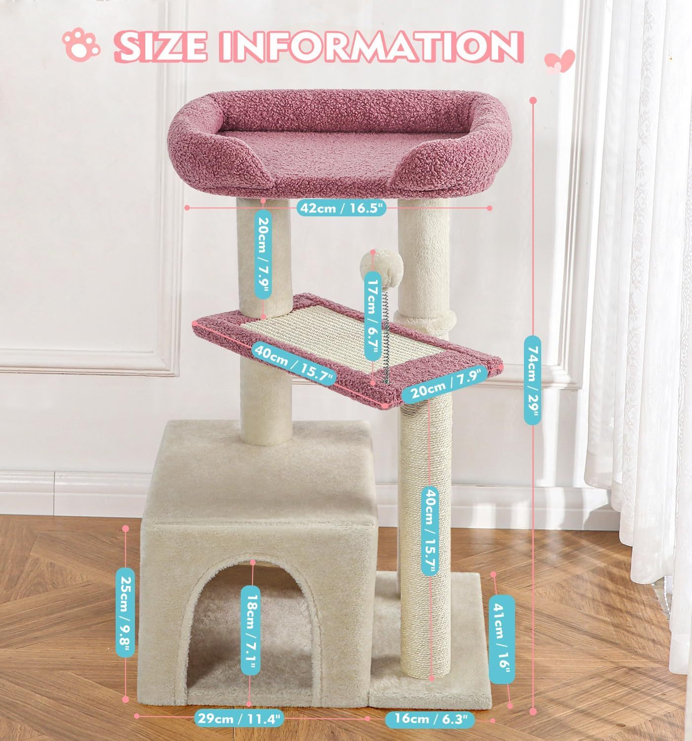 Carpet Cat Tower Grey for Indoors Cats, Cute Wood Kitty Condo with Scratching Post and Pad, 29" Multi-Level Modern Activity Climbing Furniture