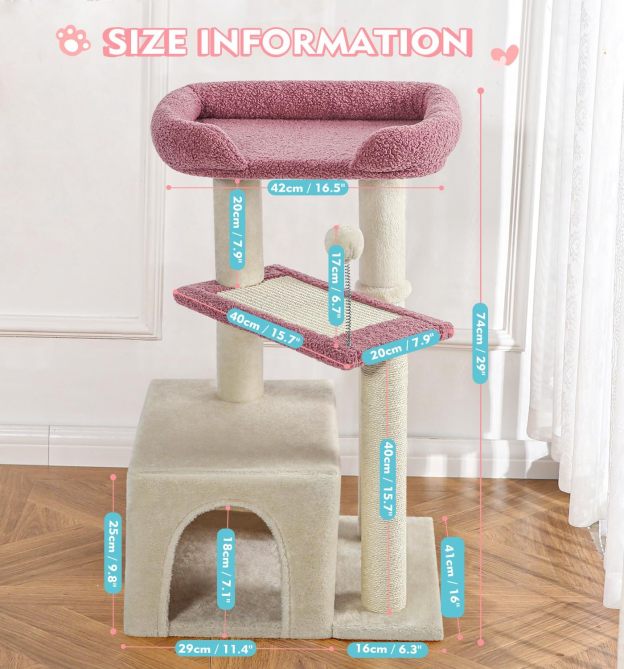 Carpet Cat Tower Grey for Indoors Cats, Cute Wood Kitty Condo with Scratching Post and Pad, 29" Multi-Level Modern Activity Climbing Furniture
