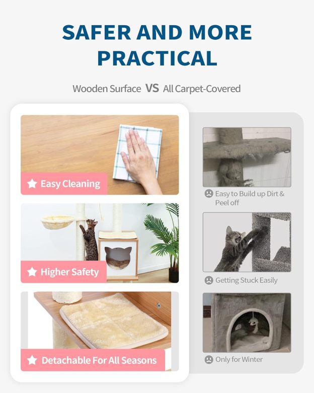 Modern Cat Tree Tower for Indoor Cats - 65" Tall Wood Condo with Hammock