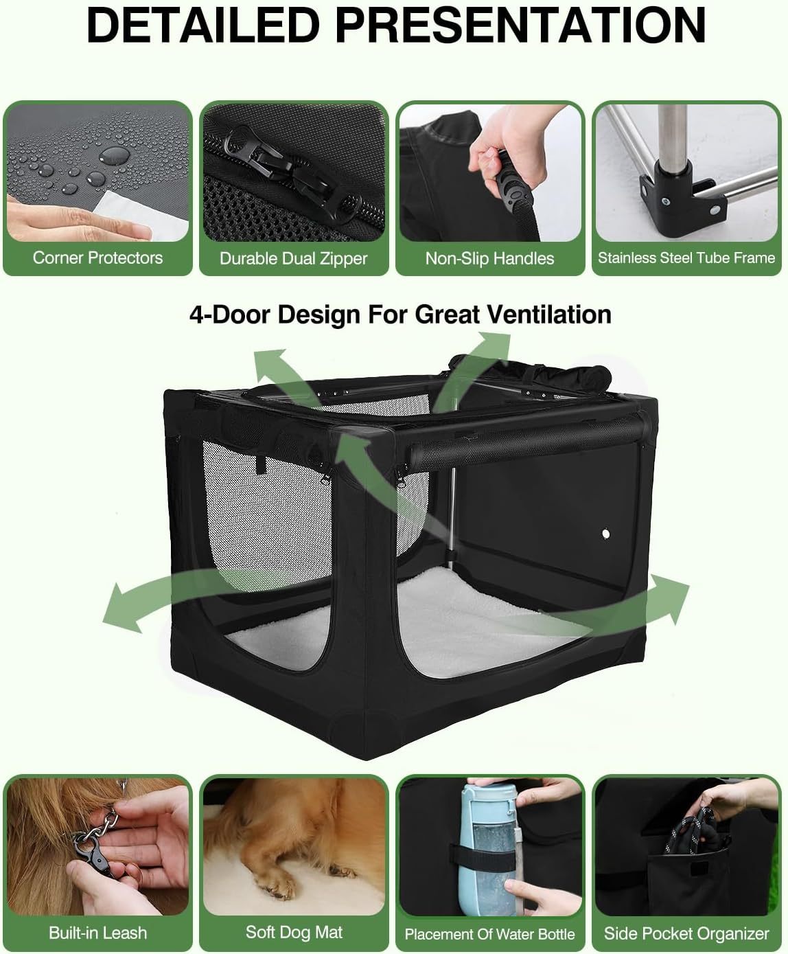 42 Inch Collapsible Travel Dog Crate for Medium Large Dogs, Portable Dog Crate 4-Door Foldable Soft Kennel with Chew-Proof Mesh Windows