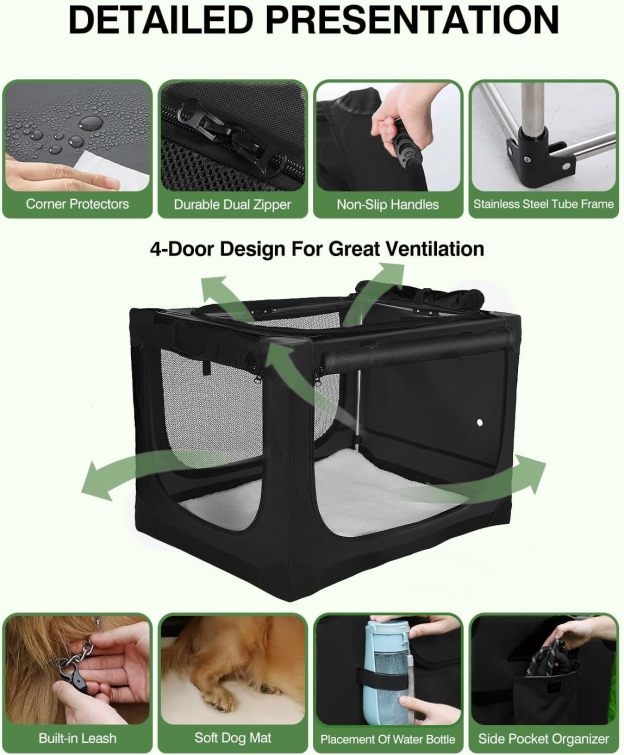 42 Inch Collapsible Travel Dog Crate for Medium Large Dogs, Portable Dog Crate 4-Door Foldable Soft Kennel with Chew-Proof Mesh Windows