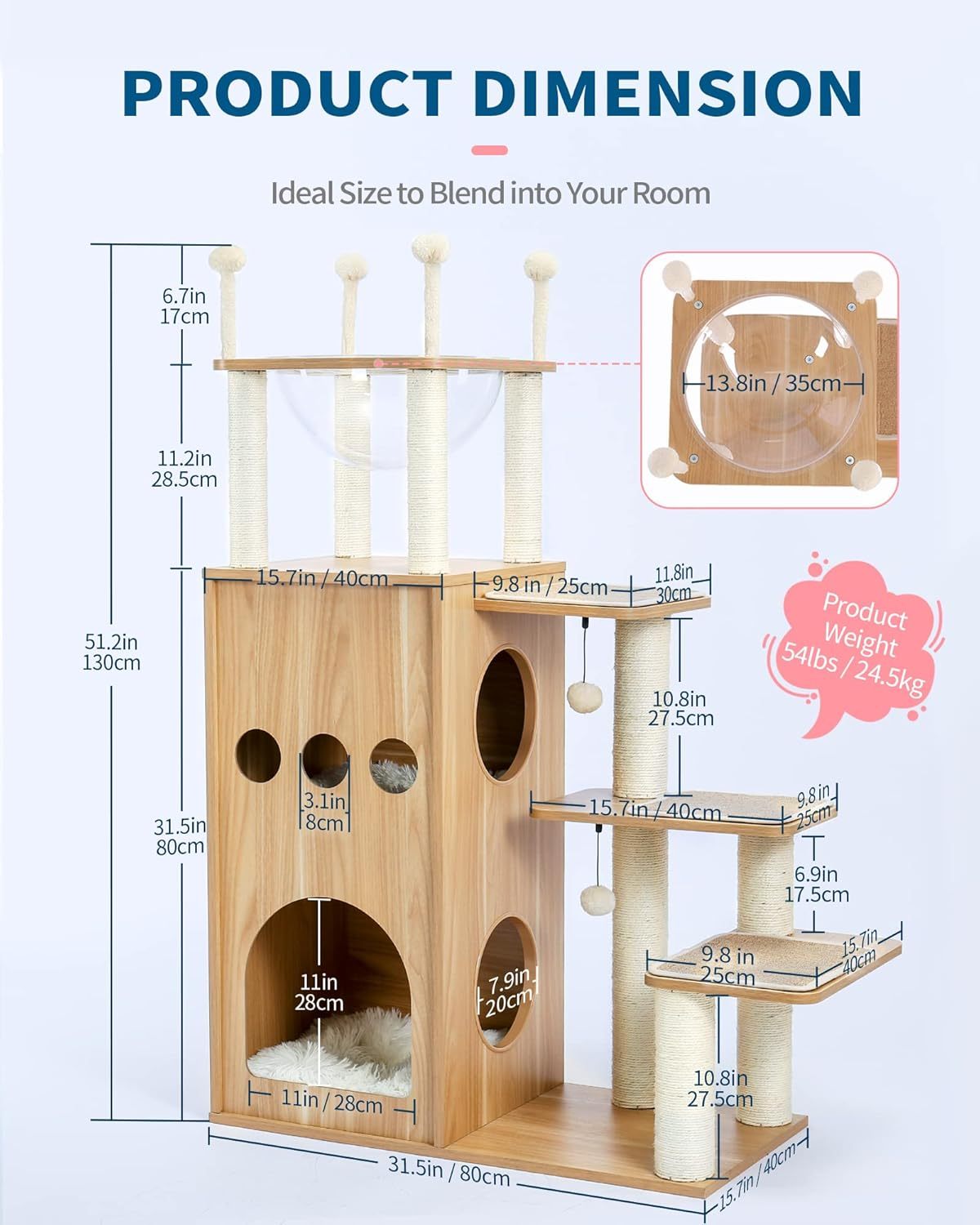Modern Cat Tree for Large Cat, Wood Cat Tower Heavy Duty with Scratch Post for Indoor Big Cats, 51" Extra Tall Cat Condo