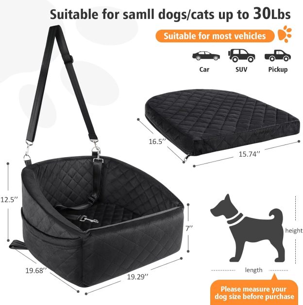 Dog Car Seat for Small Medium Dogs,Detachable Washable Dog Booster Seat Under 30lbs, Pet Car Seat Travel Bed with Storage Pockets and Dog Safety Belt