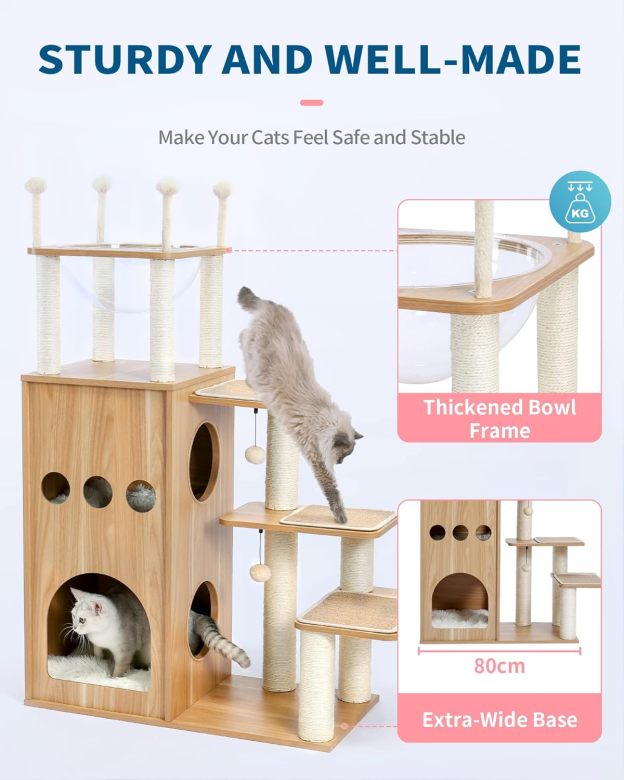 Modern Cat Tree for Large Cat, Wood Cat Tower Heavy Duty with Scratch Post for Indoor Big Cats, 51" Extra Tall Cat Condo