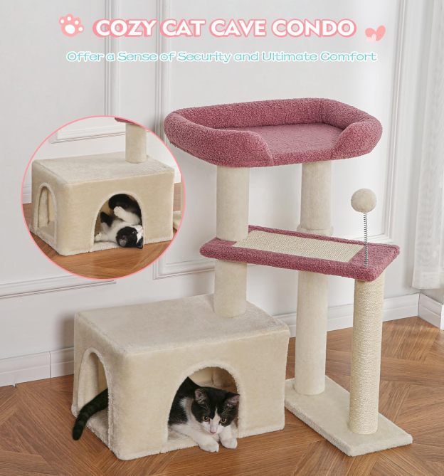 Carpet Cat Tower Grey for Indoors Cats, Cute Wood Kitty Condo with Scratching Post and Pad, 29" Multi-Level Modern Activity Climbing Furniture