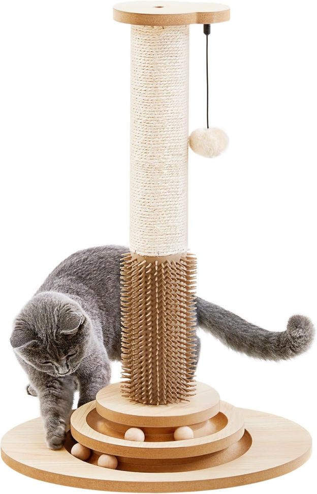 Cat Scratching Post, 23" Tall Sisal Cat Scratcher Post with Cat Self Groomer, 4-in-1 Interactive Trackball Toys with Cat Hair Brush
