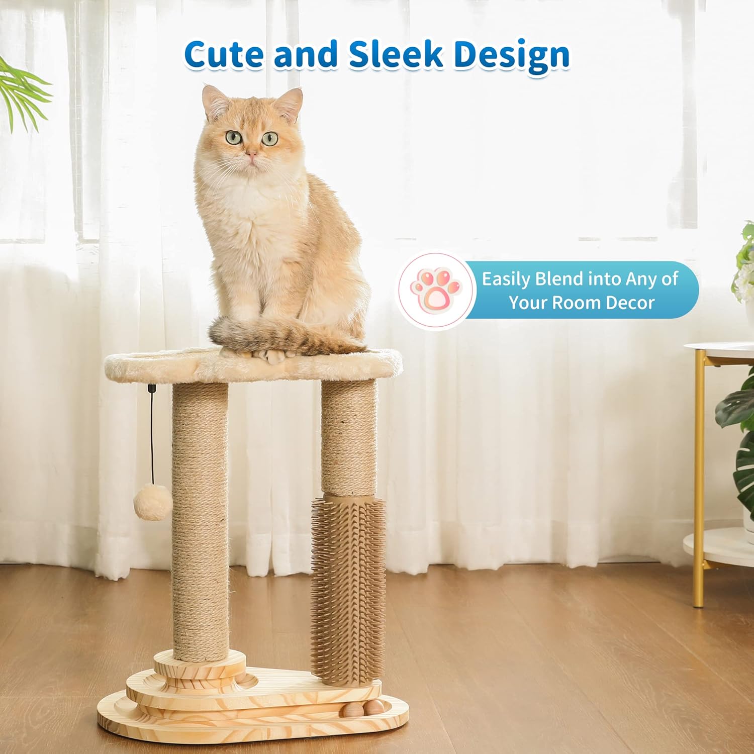 Cat Scratching Post, Cat Self Groomer for Indoor Cats, Cloud Soft Perch for Rest, 17.5" Tall Natural Sisal Scratcher Cat Grooming Interactive Ball Track Toys for Small Cats Kittens
