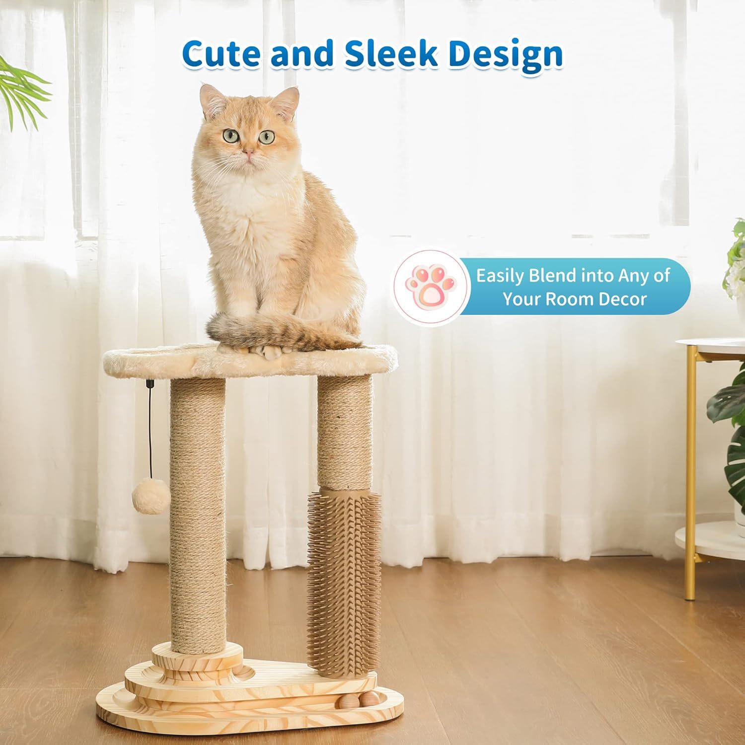 Cat Scratching Post, Cat Self Groomer for Indoor Cats, Cloud Soft Perch for Rest, 17.5" Tall Natural Sisal Scratcher Cat Grooming Interactive Ball Track Toys for Small Cats Kittens