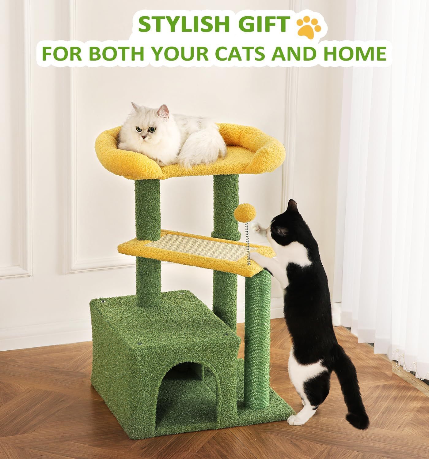 Small Cat Tower for Indoors Cats, Cute Wood Kitty Condo with Scratching Post and Pad, 29" Multi-Level Modern Activity Climbing Furniture
