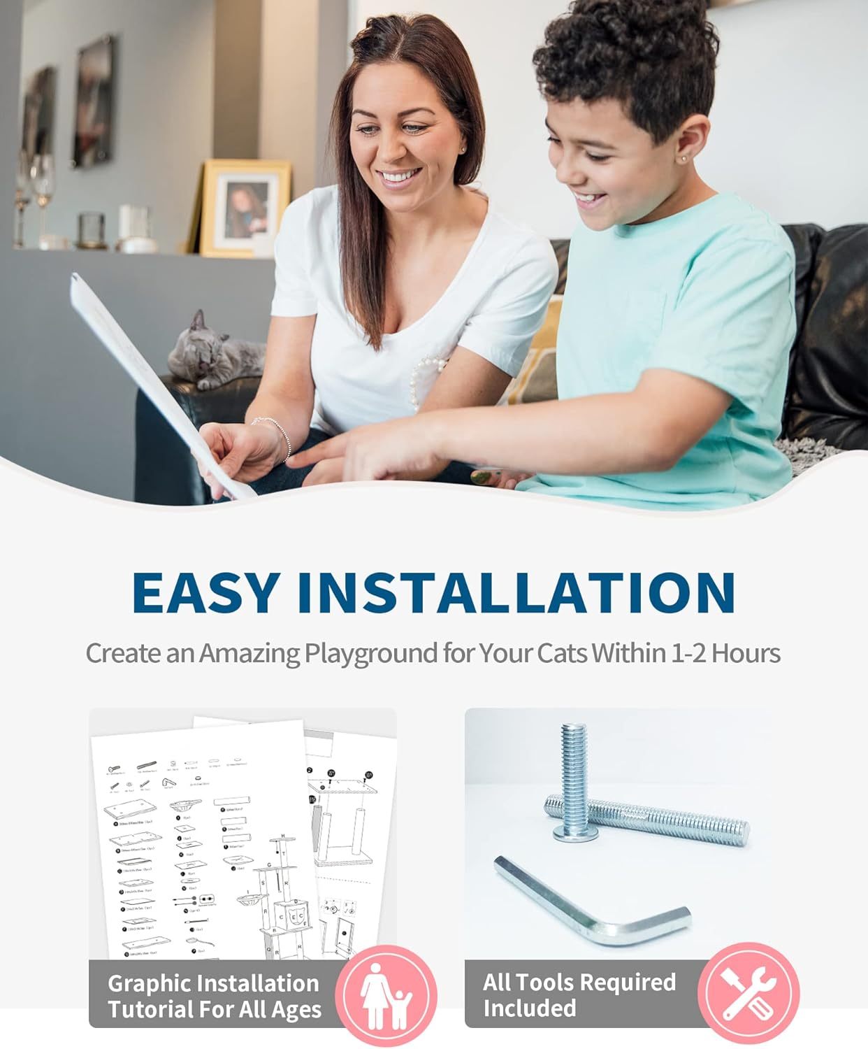 Modern Cat Tree Tower for Indoor Cats - 65" Tall Wood Condo with Hammock