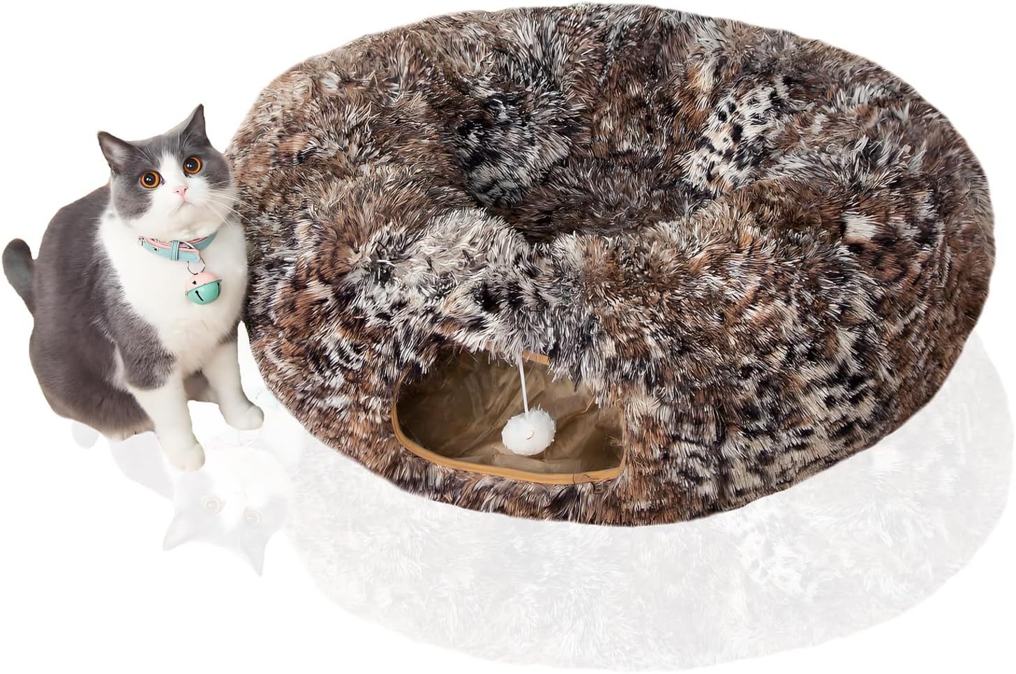 Warm Fluffy Plush Cat Dog Tunnel Bed with Washable Cushion- Big Tube Playground Toys 3 FT Diameter Collapsible, for Indoor Cat Kitty Kitten Puppy Rabbit Ferret Leopard Print