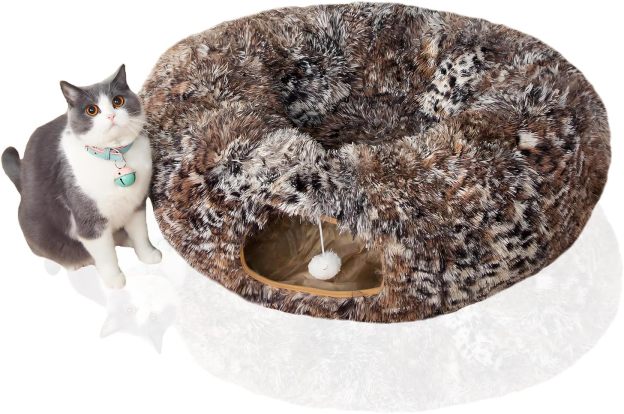 Warm Fluffy Plush Cat Dog Tunnel Bed with Washable Cushion- Big Tube Playground Toys 3 FT Diameter Collapsible, for Indoor Cat Kitty Kitten Puppy Rabbit Ferret Leopard Print